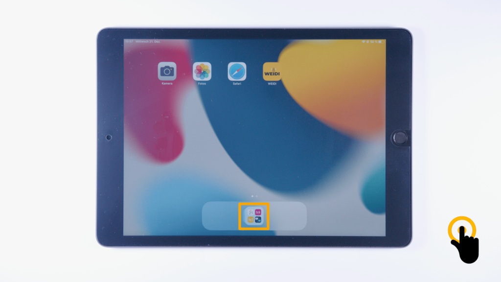 iPad-Bildschirm: App-Mediathek befindet sich in der unteren Mitte des Bildschirms und ist mit einem Kasten hervorgehoben.