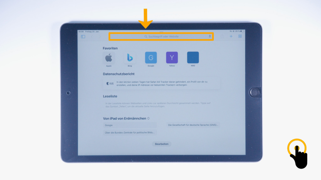 Ein iPad: Internet geöffnet: Farbliche Markierung der Adresszeile, oberer Bildschirmrand.