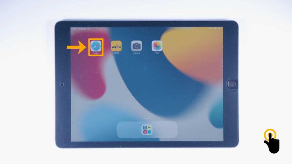 Ein iPad: iPad-Homebildschirm: Farbliche Markierung der Safari-App; rechte, obere Bildschirmecke.