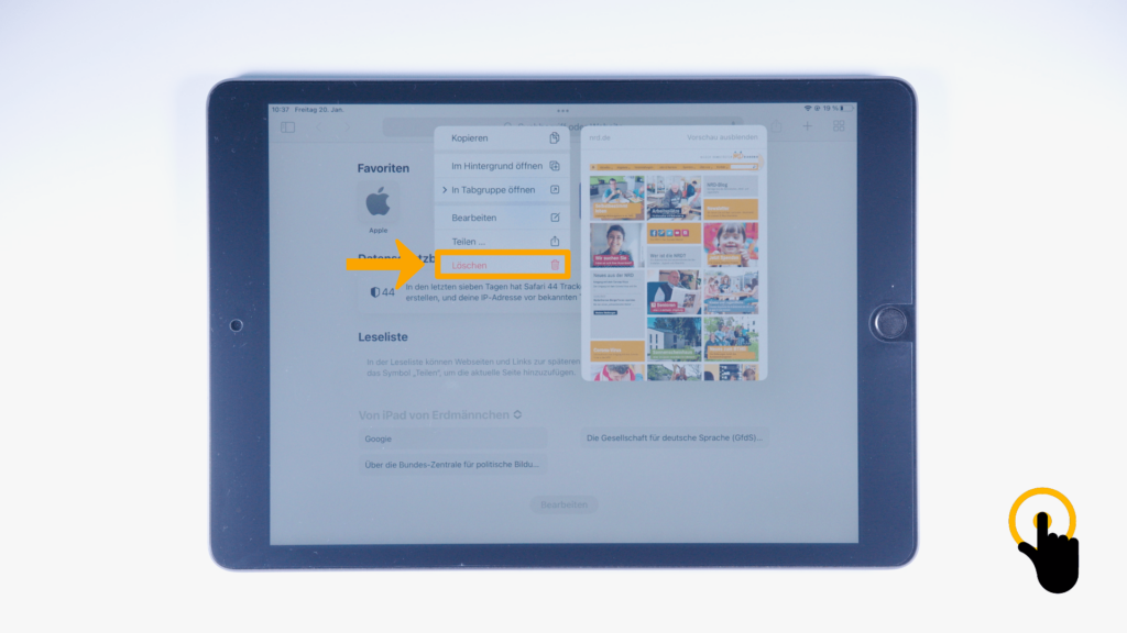 Ein iPad: Lesezeichen-Menü: Farbliche Markierung der Taste Löschen.