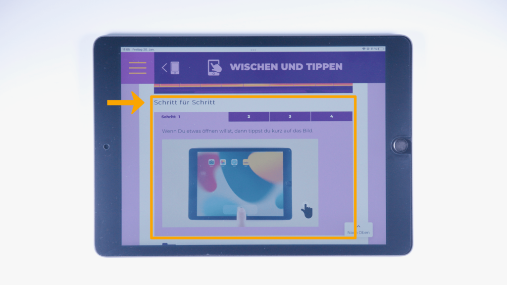 Ein iPAD: WEIDI-App; Schritt für Schritt Anleitung Wischen und Tippen: Finger liegt in der unteren Mitte des Bildschirms.