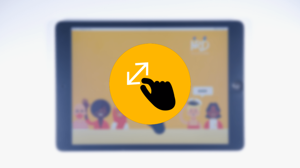 Ein iPad: WEIDI-Startbildschirm: Daumen und Zeigefinger liegen in der Mitte des Bildschirms. 