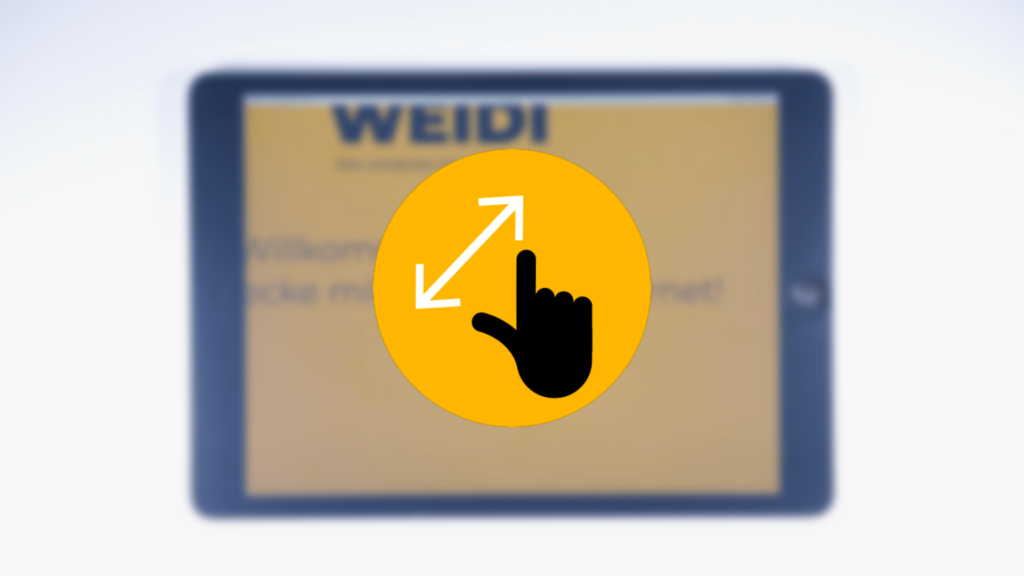 Ein iPad: WEIDI-Logo vergrößert: Daumen und Zeigefinger liegen gespreizt in der Mitte des Bildschirms.