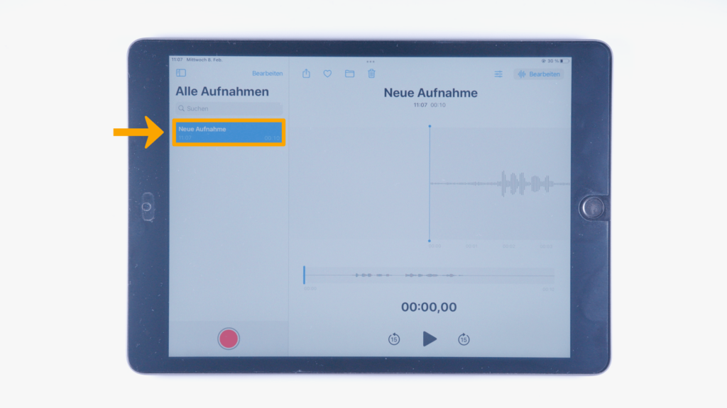 Ein iPad: Sprachaufnahme: Neue Aufnahme ist als Datei hervorgehoben.