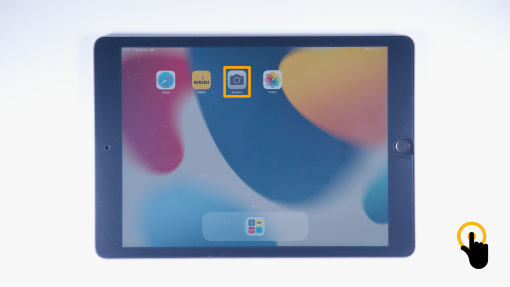(iPad:) Startbildschirm: Farbliche Markierung der Kamera-App, Obere Bildschirmmitte.