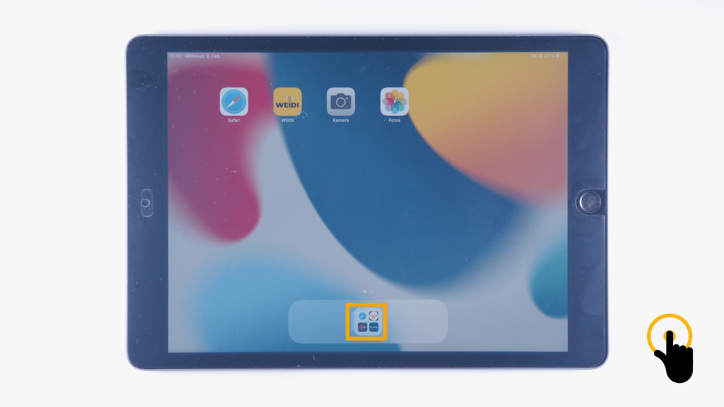 (iPad:) Startbildschirm: Farbliche Markierung der App-Mediathek, untere Bildschirmmitte.