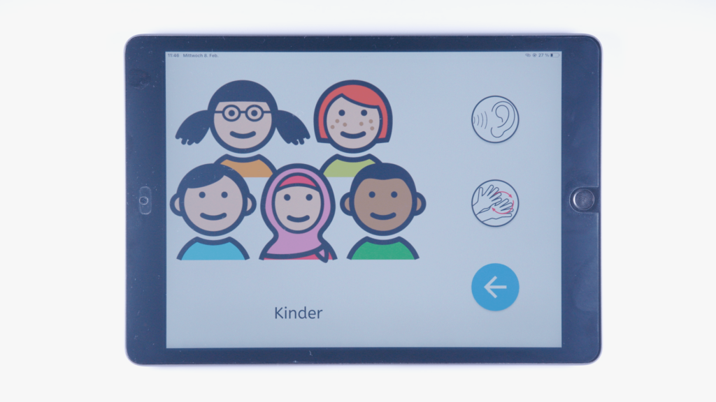 (iPad:) EiS-App geöffnet: Wort Kinder: Illustrative Darstellung mehrerer Kinder Geschriebenes Wort Zeichnung eines Ohr für die Audiowiedergabe Gebärdende Hände als Symbol für das Gebärdenvideo Blaues Feld mit Pfeil, um zurück zur Vorschau zu komme