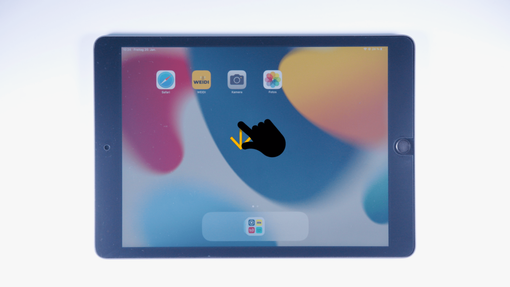 (iPad:) Startbildschirm: Finger liegt in der Mitte des Bildschirms, Pfeil zeigt nach unten. 