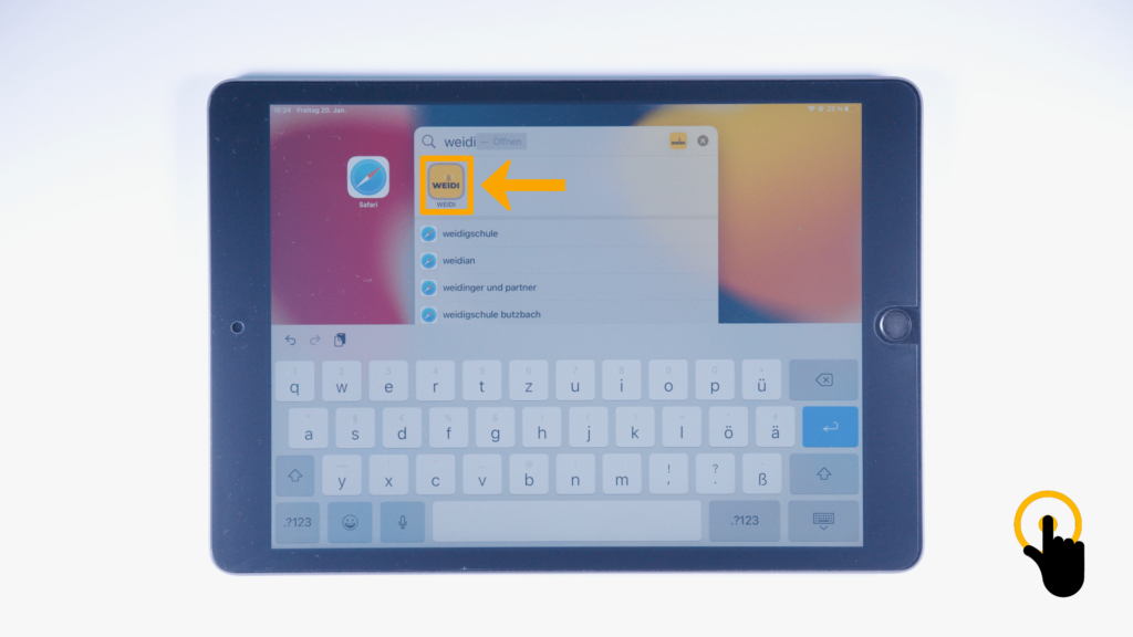(iPad:) Tastatur geöffnet: WEIDI ist eingetippt, WEIDI wird unter dem Textfeld angezeigt, Farbliche Markierung des WEIDI-Icons. 