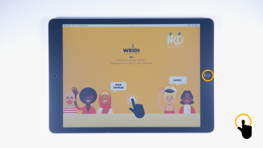 (iPad:) WEIDI-Startseite wird angezeigt. Farbliche Markierung des Homebuttons, rechter Bildschirmrand. 