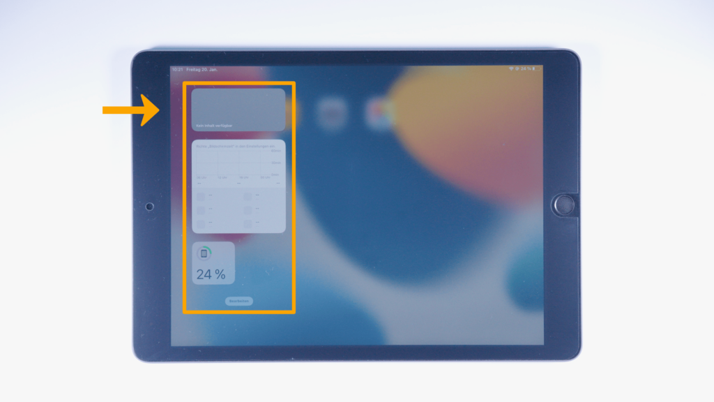 (iPad:) Farbliche Markierung der Widget-Leiste, Linke Bildschirmhälfte. 