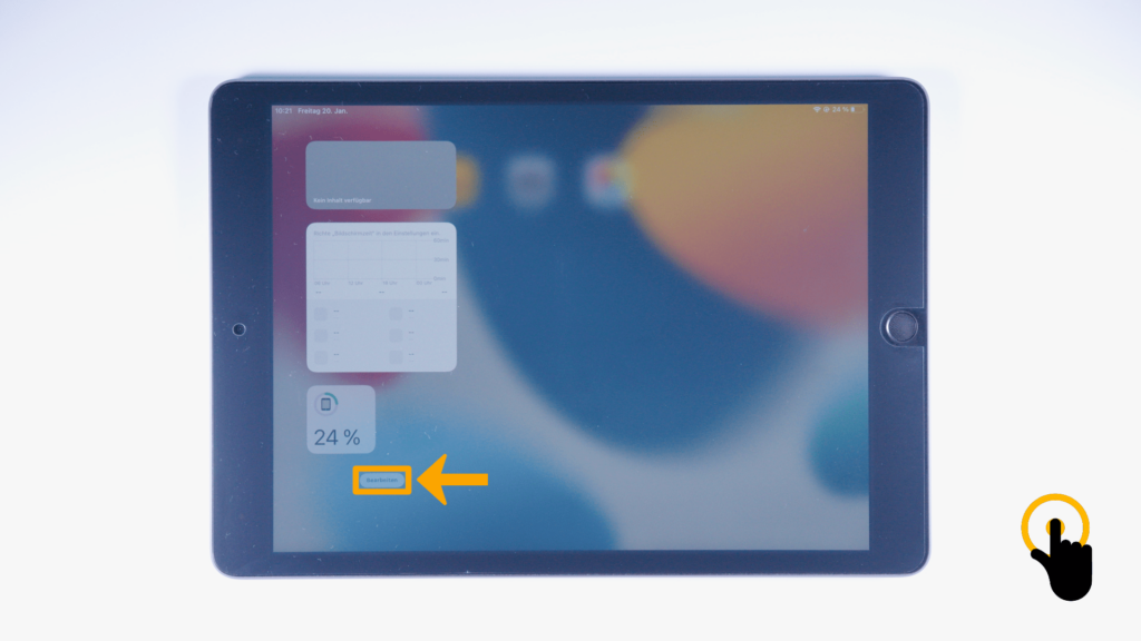 (iPad:) Widget-Leiste geöffnet: Farbliche Markierung der „Bearbeiten“- Taste, untere, linke Bildschirmecke.