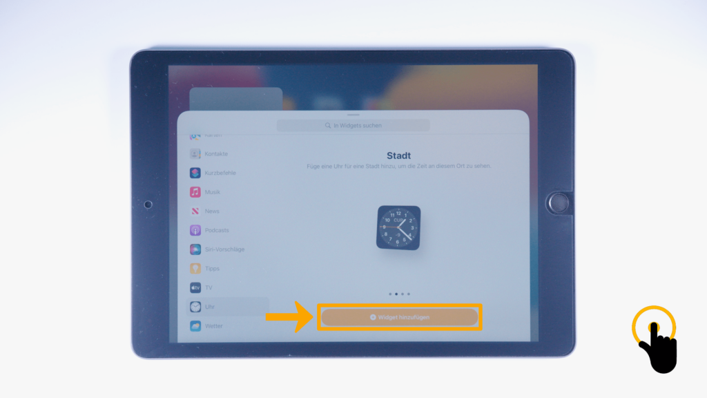 (iPad:) Vergrößerte Anzeige des Uhr-Widgets: Farbliche Markierung der „Hinzufügen“- Taste, unterer Bildschirmrand. 