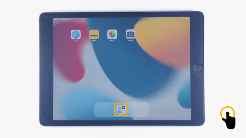 (iPad:) Startbildschirm: Farbliche Makierung des Symbols „App-Mediathek“; untere Bildschirmmitte.