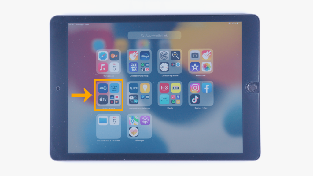 (iPad:) App-Mediathek geöffnet: Farbliche Markierung der Kategorie Unterhaltung, linke Bildschirmmitte. 