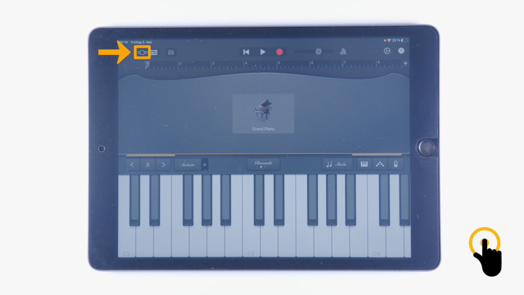 (iPad:) GarageBand - Klavier geöffnet: Farbliche Markierung der Sound-Übersichts-Taste (linke, obere Bildschirmecke)