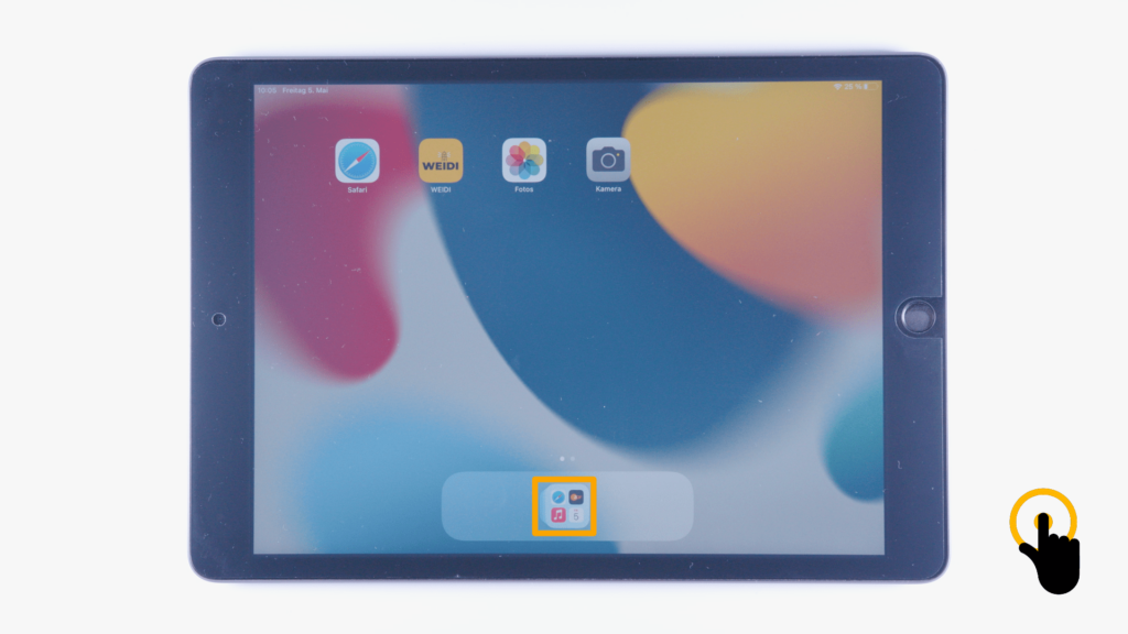 (iPad:) Startbildschirm: Farbliche Markierung der App-Mediathek; untere Bildschirmmitte.