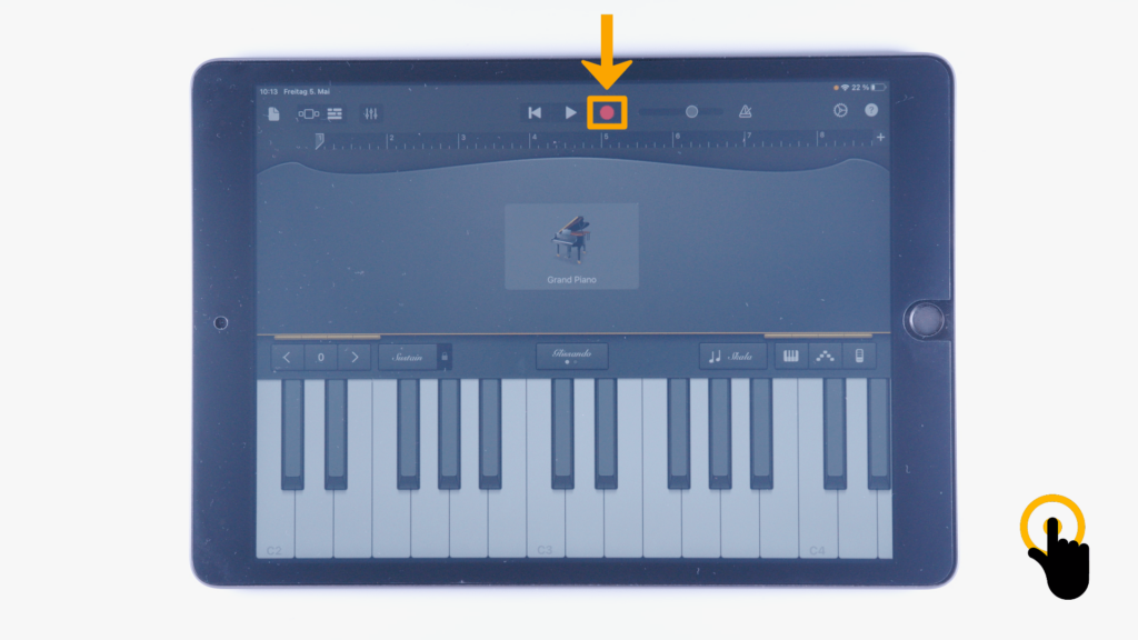 (iPad:) GarageBand-App: Klavier/ Keyboard geöffnet: Klaviertastatur (untere Bildschirmhälfte) Farbliche Markierung Aufnahme-Taste (obere Bildschirmmitte) 