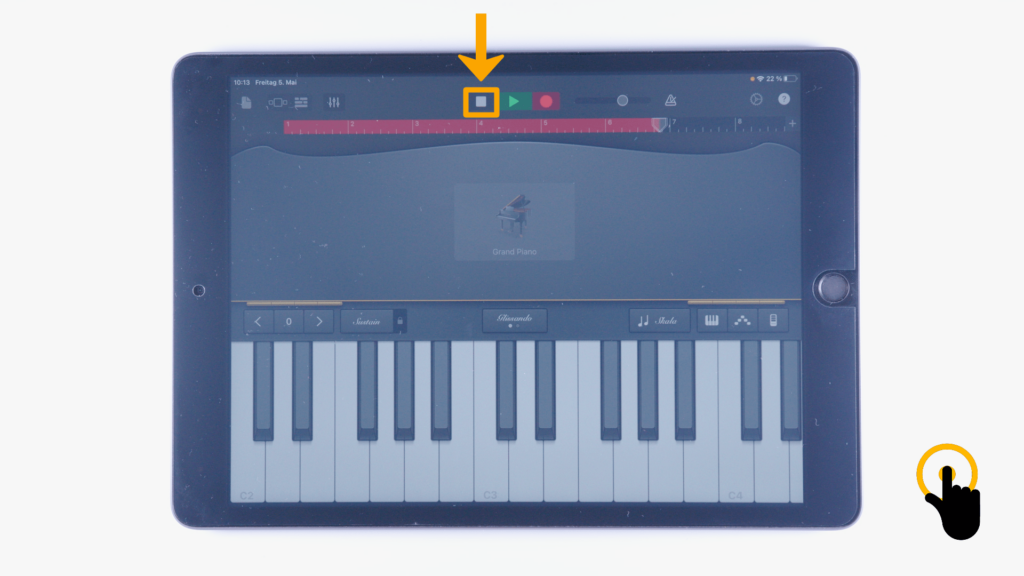 (iPad:) GarageBand-Klavier: Farbliche Markierung Aufnahmestopp-Taste (obere Bildschirmmitte)