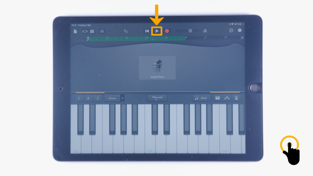 (iPad:) GarageBand-Klavier: Farbliche Markierung Play-Taste (obere Bildschirmmitte) zwischen Aufnahme- und Aufnahmestopp-Taste