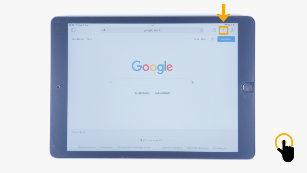 (iPad): Google-Webseite geöffnet: Farbliche Markierung des Plus (obere, rechte Bildschirmecke)