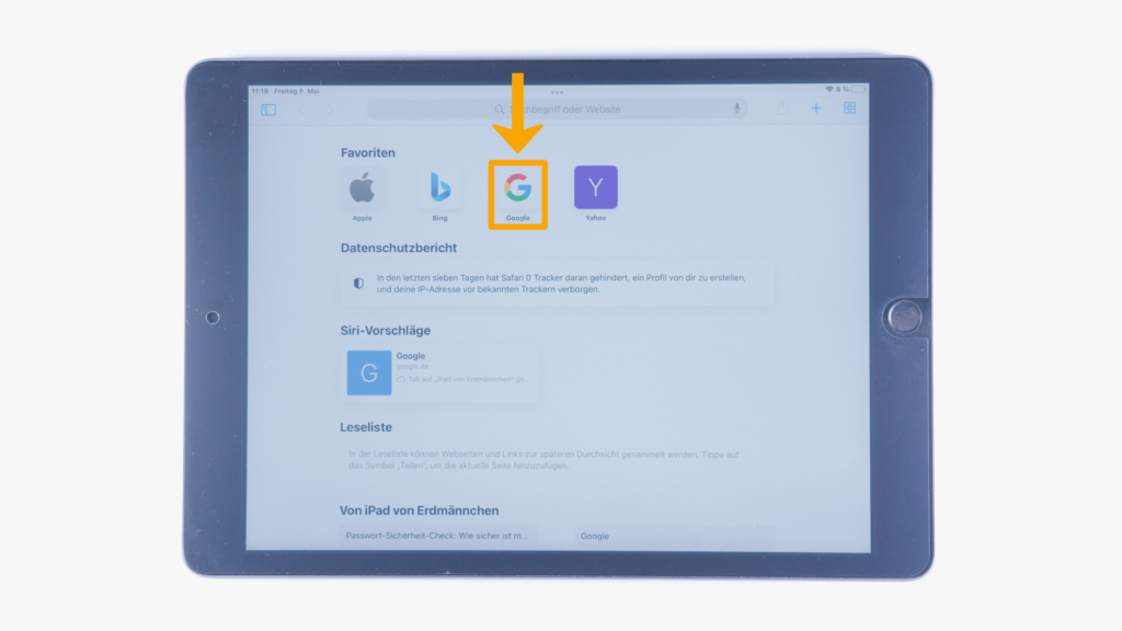 (iPad:) Safari geöffnet: Farbliche Markierung Google (obere Bildschirmmitte) 