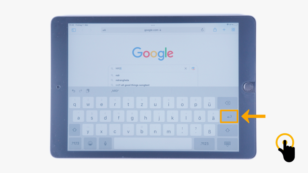 (iPad:) Google geöffnet: Suchfeld: „NRD“ (Bildschirmmitte) Farbliche Markierung Eingabetaste (rechte, untere Bildschirmecke)