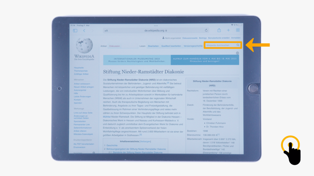 (iPad:) Wikipedia-Artikel: NRD geöffnet: Farbliche Markierung auf "Wikipedia durchsuchen"