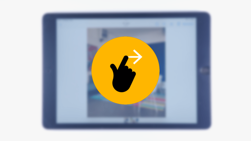(iPad:) Finger in der Mitte des Bildschirms, Pfeil nach rechts; Orangefarbener Untergrund.