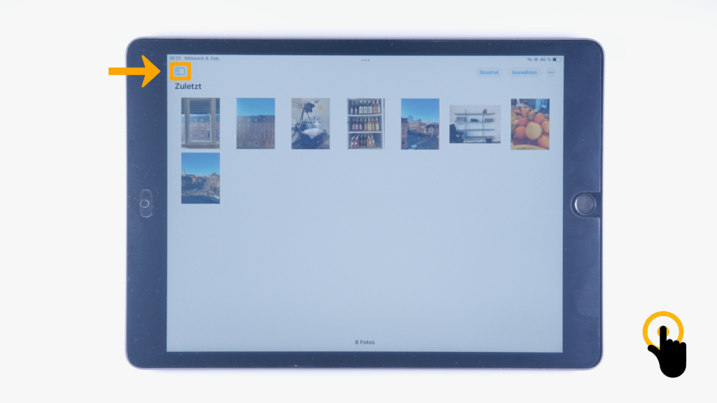 (iPad:) Fotos-App geöffnet: Farbliche Markierung des Menü-Symbols, linke, obere Bildschirmecke. 