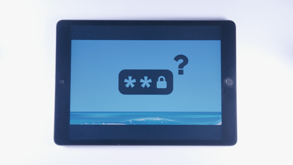 (iPad:) Grafik Passwort (schwarzes Feld mit * und Schloss), Bildschirmmitte Rechts überhalb: Grafik Fragezeichen