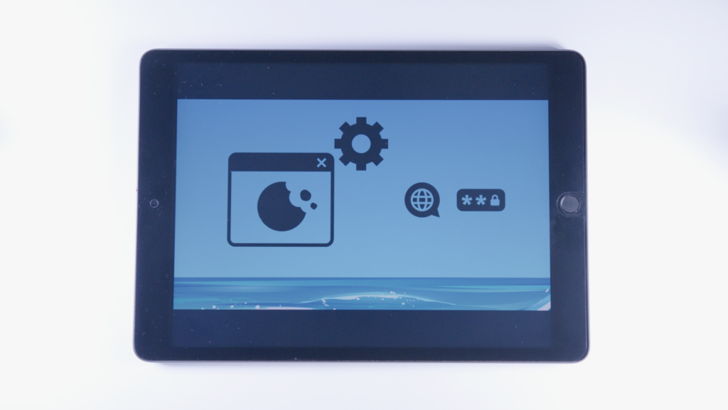 (iPad:) Grafik Technischer Cookie: Cookie-Grafik + Zahnrad (rechts überhalb); linke Bildschirmhälfte Grafik Sprechblase mit Weltkugel + Grafik Passwort, rechte Bildschirmhälfte