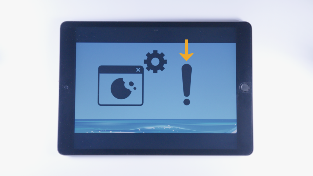(iPad:) Grafik Technischer Cookie; linke Bildschirmhälfte Grafik Ausrufezeichen + Pfeil der auf das Ausrufezeichen zeigt; rechte Bildschirmhälfte