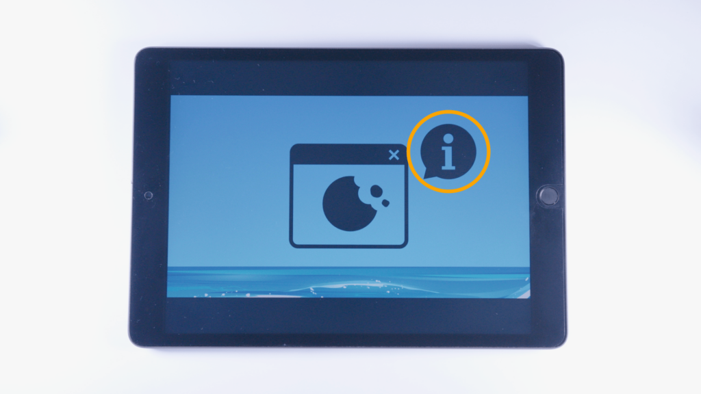(iPad:) Grafik Cookie-Datei, Bildschirmmitte Farbliche Markierung Grafik Information (Sprechblase mit i für Information); rechts, überhalb Cookie-Grafik