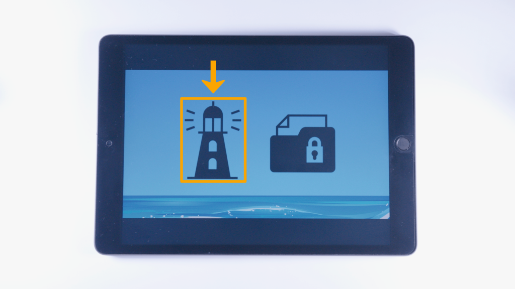 (iPad:) Farbliche Markierung Grafik WEIDI (Leuchtturm); linke Bildschirmhälfte Grafik Datenschutz; rechte Bildschirmhälfte