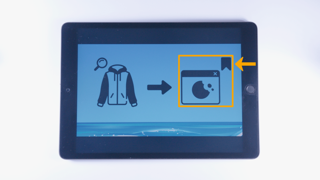 (iPad:) Grafik Jacke + Lupe (links überhalb); linke Bildschirmhälfte Pfeil nach rechts, Bildschirmmitte Farbliche Markierung Cookie-Grafik + Grafik Speicherung (rechts überhalb); rechte Bildschirmhälfte
