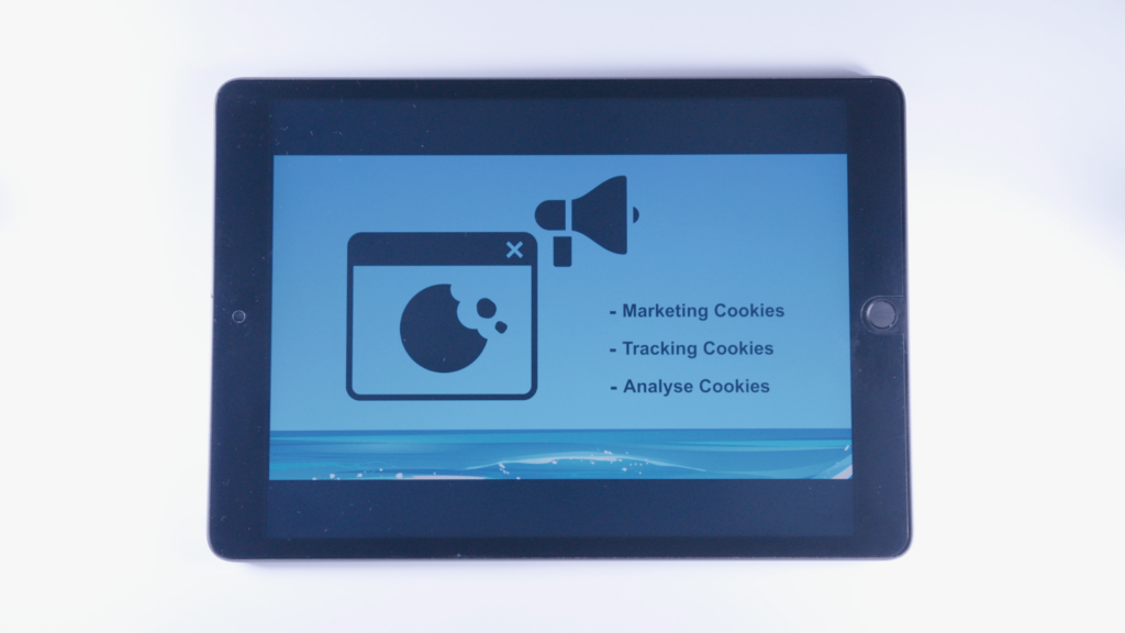 (iPad:) Grafik Werbe Cookie; linke Bildschirmhälfte Liste weiterer Cookie-Namen: 1. Marketing Cookies, 2. Tracking Cookies, 3. Analyse Cookies (von oben nach unten); rechte Bildschirmhälfte