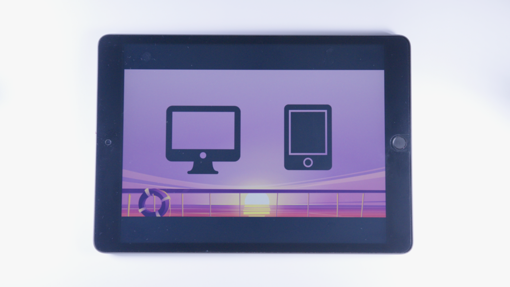 (iPad:) Grafikdarstellung: Computer (Bildschirm); linke Bildschirmhälfte Tablet; rechte Bildschirmhälfte