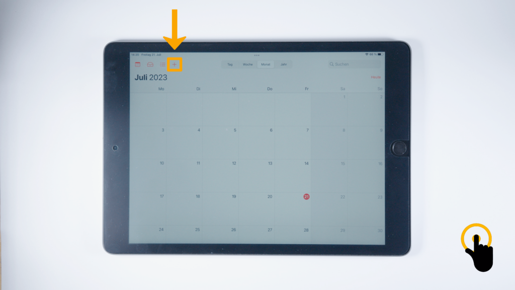 (iPad:) Kalender-App geöffnet: Monat Juli 2023 Farbliche Markierung des Plus; linke, obere Bildschirmecke