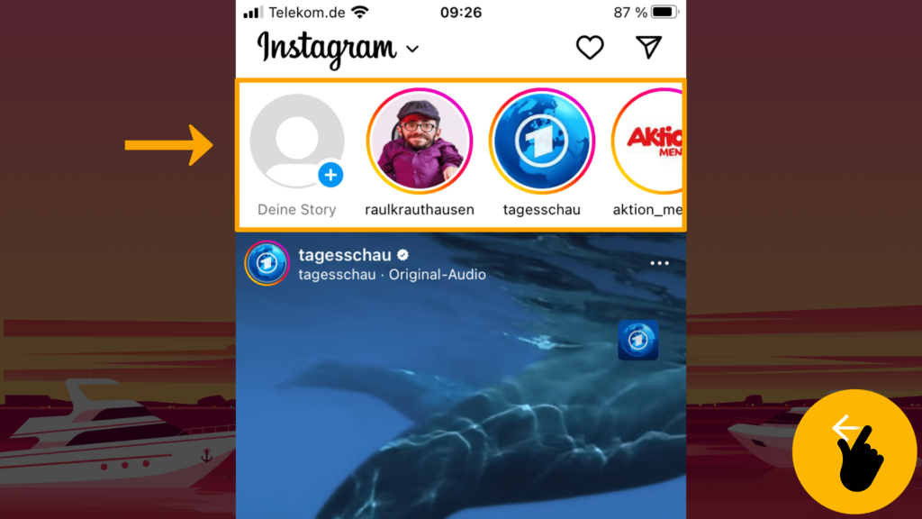 Screenshot iPhone, Startseite Instagram: Farbliche Markierung der Story-Leiste; oberer Screenshot-Rand