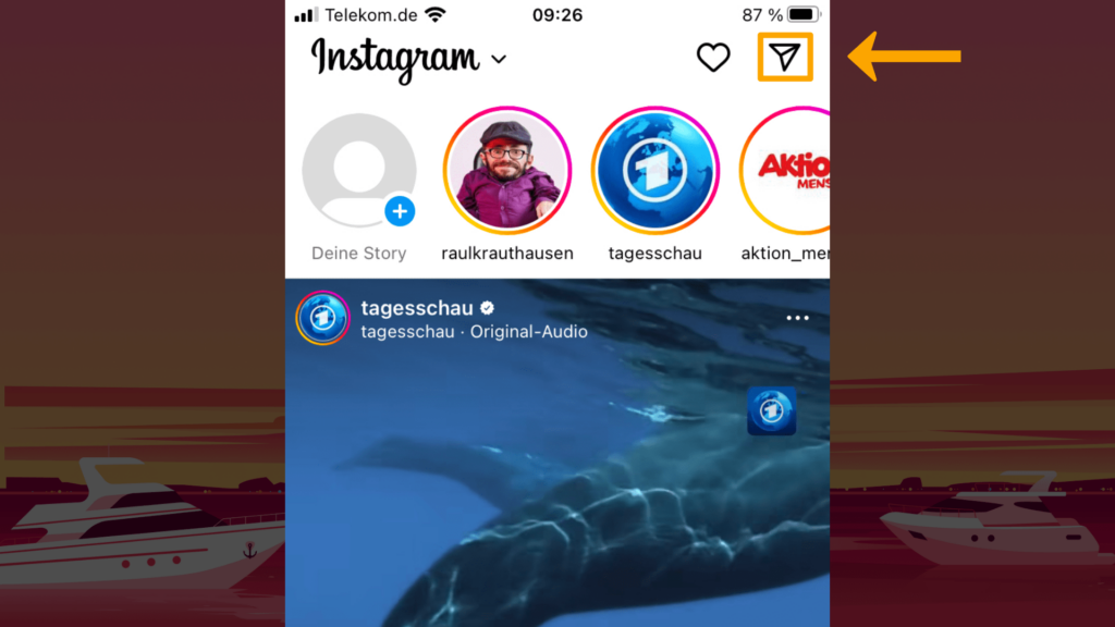 Screenshot iPhone, Startseite Instagram: Farbliche Markierung des Benachrichtungs-Symbols (Papierflieger); obere, rechte Screenshot-Ecke