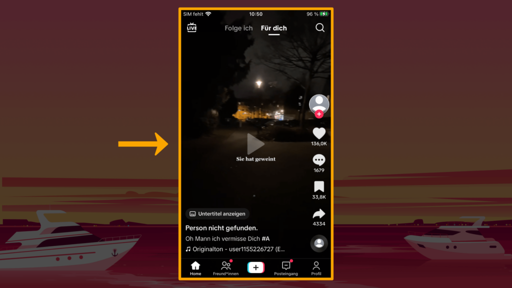 creenshot iPhone, Startseite TikTok: Farbliche Markierung des Screenshots Anzeige Video, Screenshot-füllend 