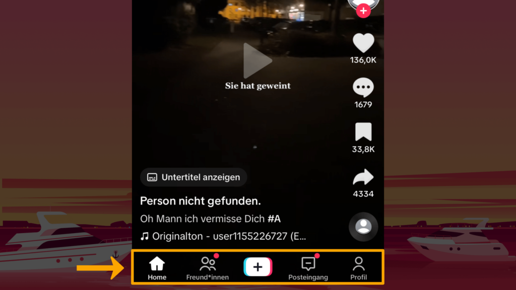 Screenshot iPhone, Startseite TikTok: Farbliche Markierung der Steuerungs-Leiste, von links nach rechts: Home, Freund*innen, +, Posteingang, Profil; unterer Screenshot-Rand