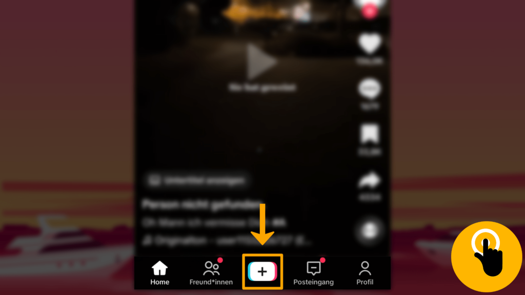 Screenshot iPhone, Startseite TikTok: Farbliche Markierung des + (Steuerungsleiste; untere Screenshot-Rand, Mitte Restlicher Screenshot unscharf gestellt