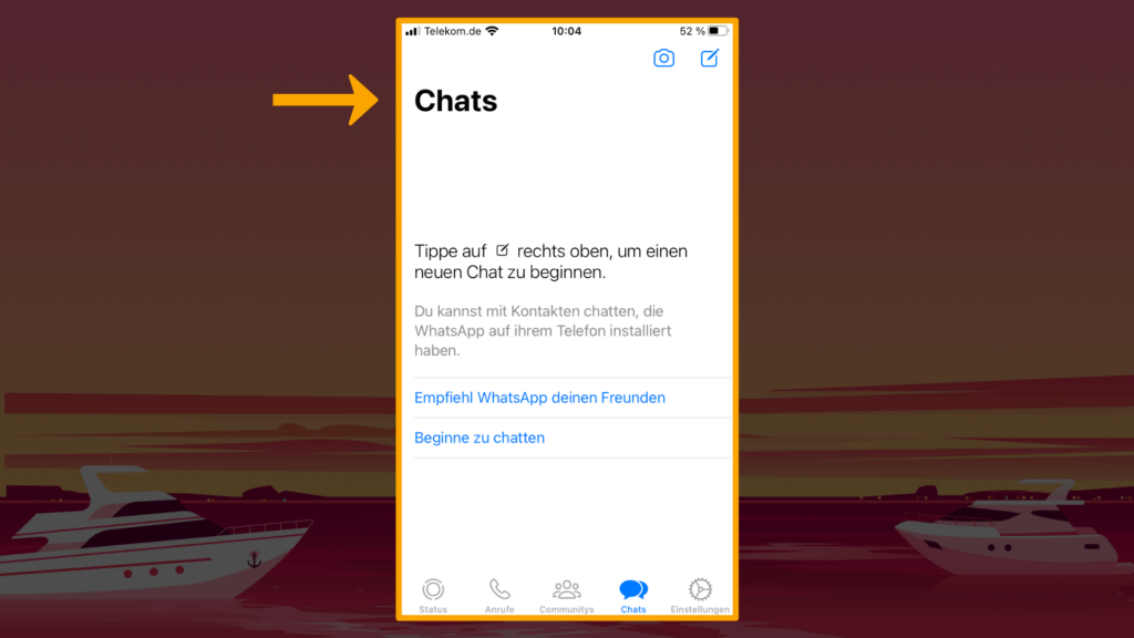Screenshot iPhone, Startseite WhatsApp: Farbliche Markierung des Screenshots Chat-Liste, Screenshot-füllend