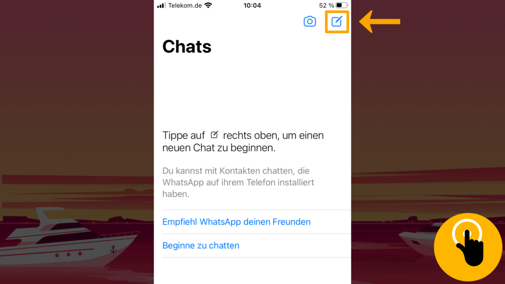 Screenshot iPhone, Startseite WhatsApp: Farbliche Markierung des Chat-Symbols (Viereck mit Stift); obere, rechte Screenshot-Ecke