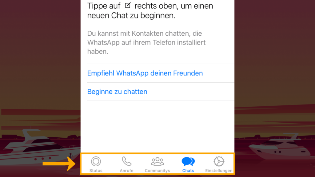 Screenshot iPhone, Startseite WhatsApp: Farbliche Markierung der Steuerungs-Leiste: Status, Anrufe, Communitys, Chats, Einstellungen (von links nach rechts); unterer Screenshot-Rand