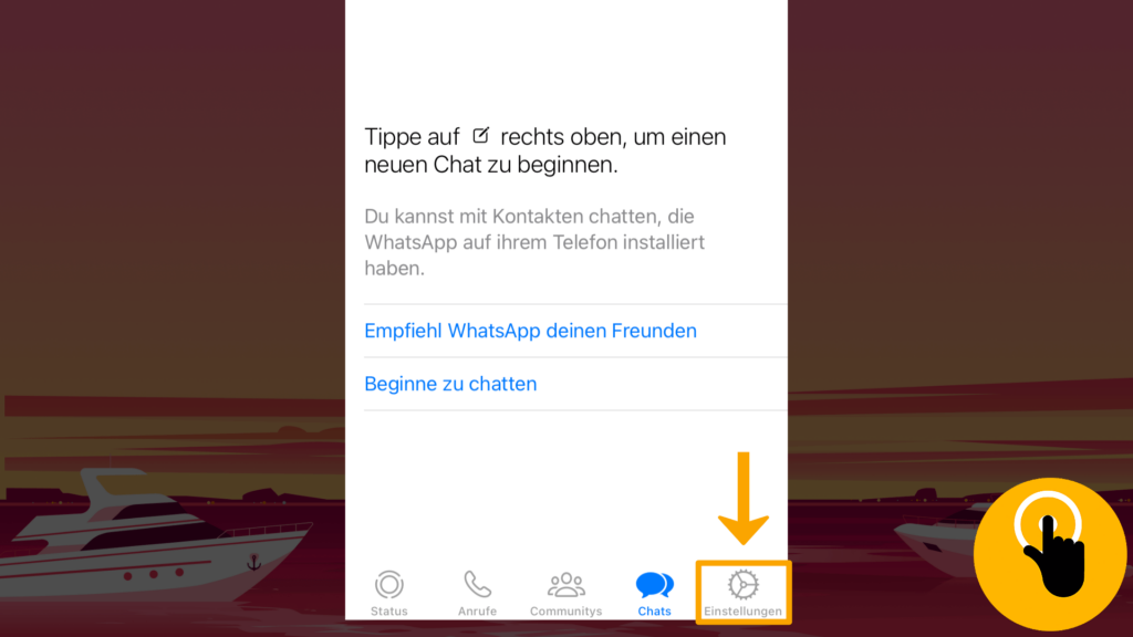 Screenshot iPhone, Startseite WhatsApp: Farbliche Markierung der Einstellungen (Steuerungs-Leiste); untere, rechte Screenshot-Ecke