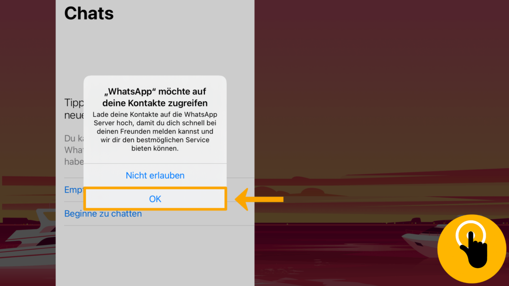 Screenshot iPhone, linke Bildschirmhälfte: „WhatsApp möchte auf deine Kontakte zugreifen“ Taste: Nicht erlauben ODER ok; Screenshot-Mitte Farbliche Markierung der Taste „OK“