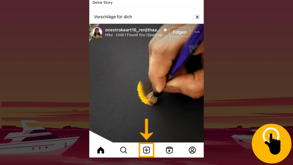 Screenshot iPhone, Startseite Instagram: Farbliche Markierung des + in der Steuerungs-Leiste; untere Screenshot-Mitte